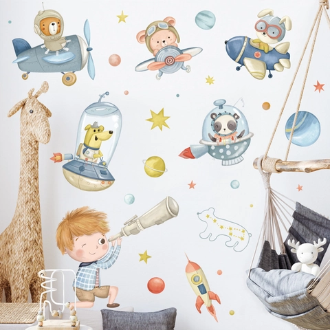 Adesivi Murali Cartone Animato Spazio Astronauta Animale Aereo PVC Rimovibile Impermeabile Murales DIY per Cameretta Bambini