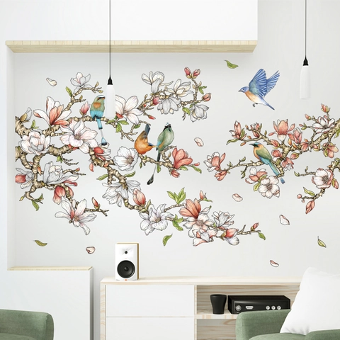 Large Magnolia Flower And Bird Wall Stickers PVC Waterproof Hand-painted Style Decal For Living Room Bedroom TV Background