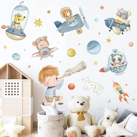 Adesivi Murali Cartone Animato Spazio Astronauta Animale Aereo PVC Rimovibile Impermeabile Murales DIY per Cameretta Bambini