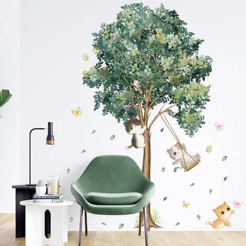 Simpatico Gatto Cartone Animato Albero Adesivo Murale PVC Impermeabile Removibile Murale Per Camera Bambini Asilo Decorazione