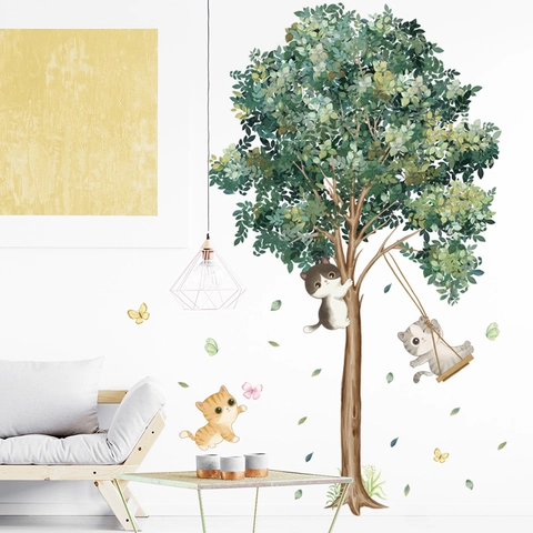 Simpatico Gatto Cartone Animato Albero Adesivo Murale PVC Impermeabile Removibile Murale Per Camera Bambini Asilo Decorazione