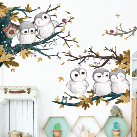Adesivo da Parete a Forma di Gufo e Ramo d'Albero in PVC Impermeabile Decorazione per Camera dei Bambini