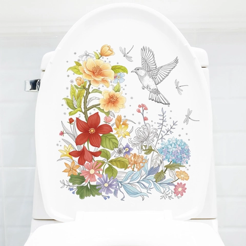 Waterdichte PVC Bloemen Vogel Toiletdeksel Sticker Zelfklevende Bloem Muursticker Voor Badkamer Huis Decoratie Kunst Muurschildering