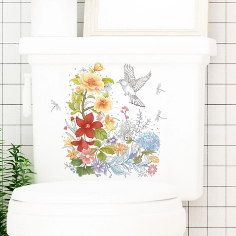 Waterdichte PVC Bloemen Vogel Toiletdeksel Sticker Zelfklevende Bloem Muursticker Voor Badkamer Huis Decoratie Kunst Muurschildering