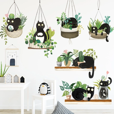Kreativ Schwarz Katze Grün Pflanze Wandtattoo PVC Abnehmbar Nordisch DIY Topfpflanze Aufkleber Für Schlafzimmer Wohnzimmer