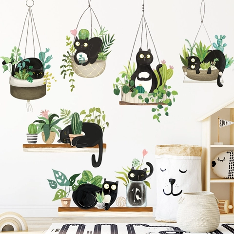 Kreativ Schwarz Katze Grün Pflanze Wandtattoo PVC Abnehmbar Nordisch DIY Topfpflanze Aufkleber Für Schlafzimmer Wohnzimmer