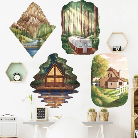 Pegatinas de Pared de Paisaje Visual 3D Pintadas a Mano Acuarela Montaña de Nieve Bosque Tren PVC Autoadhesivas Decorativas