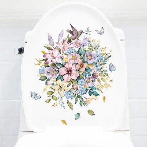 Sticker pour Couvercle de Toilette Aquarelle Fleur Colibri Papillon PVC Amovible Imperméable Salle de Bain Décoration Maison