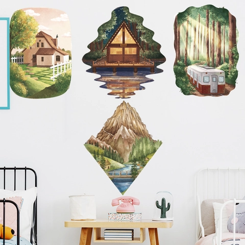 Pegatinas de Pared de Paisaje Visual 3D Pintadas a Mano Acuarela Montaña de Nieve Bosque Tren PVC Autoadhesivas Decorativas