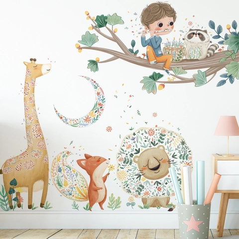 Aquarell Cartoon Tier Wandtattoo Giraffe Löwe Fuchs Aufkleber Für Kinderzimmer Deko Abnehmbare PVC Wandkunst Poster