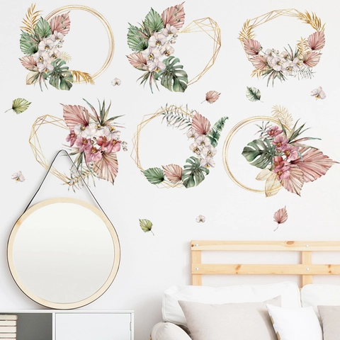 Aquarell Floral Tropische Blätter Wandaufkleber Gold Geometrischer Rahmen PVC Abnehmbare Aufkleber Wohnzimmer Schlafzimmer Deko