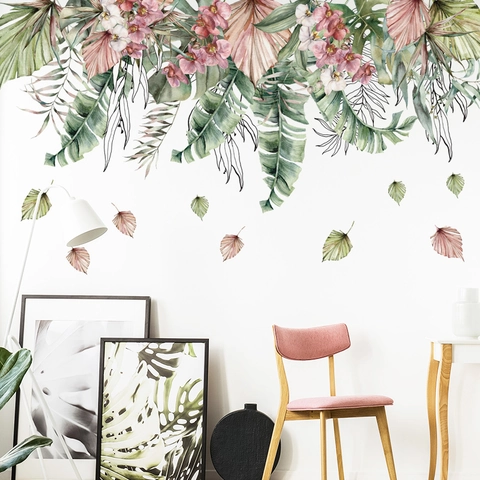 Pegatinas de Pared de Hojas de Palma Monstera Tropicales en Acuarela Flor de Orquídea PVC Autoadhesivo Extraíble para Dormitorio Sala de Estar Hogar