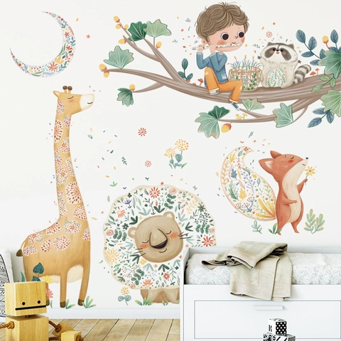 Aquarell Cartoon Tier Wandtattoo Giraffe Löwe Fuchs Aufkleber Für Kinderzimmer Deko Abnehmbare PVC Wandkunst Poster