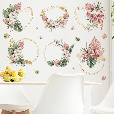 Aquarell Floral Tropische Blätter Wandaufkleber Gold Geometrischer Rahmen PVC Abnehmbare Aufkleber Wohnzimmer Schlafzimmer Deko