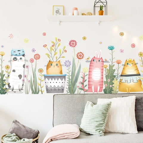 Cartoon Cat Wall Stickers Removable PVC DIY Floral Plant Decals For Kids Room Nursery Bedroom Living Room Home Decor