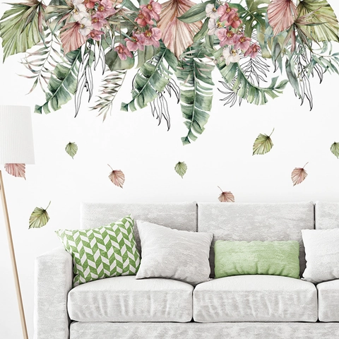 Pegatinas de Pared de Hojas de Palma Monstera Tropicales en Acuarela Flor de Orquídea PVC Autoadhesivo Extraíble para Dormitorio Sala de Estar Hogar