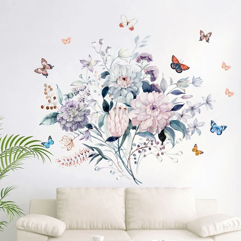 Adesivi Murali con Fiori e Farfalle ad Acquerello in PVC Impermeabile Removibile Murale Floreale per Soggiorno Camera da Letto
