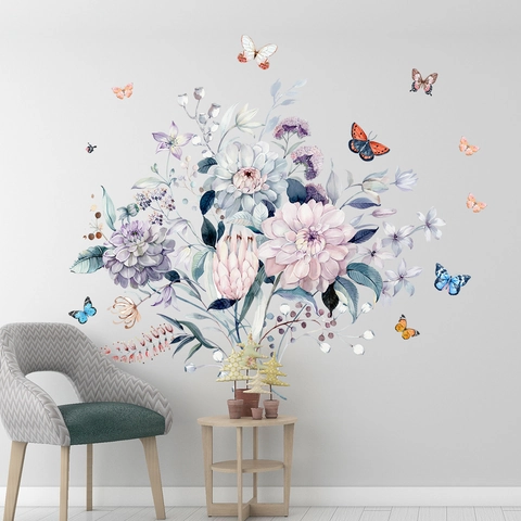 Adesivi Murali con Fiori e Farfalle ad Acquerello in PVC Impermeabile Removibile Murale Floreale per Soggiorno Camera da Letto
