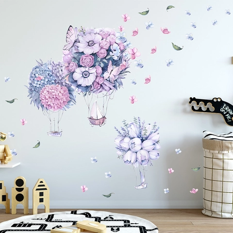 Adesivi Murali con Mongolfiere di Fiori ad Acquerello Decalcomanie in PVC Rimovibili per Cameretta Bambini Casa