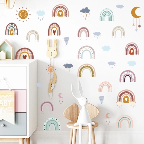 Adesivi Murali Arcobaleno Boho Per Camera Bambini Morandi Meteo Decalcomanie Nuvola Sole Luna Stella PVC Murale Arte