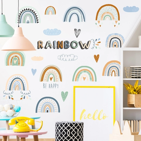 Pegatinas de Pared de Arcoíris Bohemio PVC DIY Nubes Corazones Calcomanías Para Dormitorio Infantil Decoración de Habitación