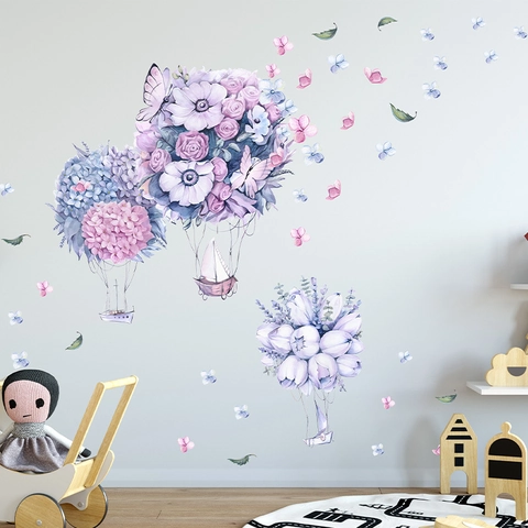 Adesivi Murali con Mongolfiere di Fiori ad Acquerello Decalcomanie in PVC Rimovibili per Cameretta Bambini Casa