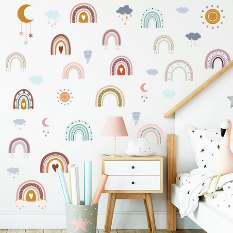 Adesivi Murali Arcobaleno Boho Per Camera Bambini Morandi Meteo Decalcomanie Nuvola Sole Luna Stella PVC Murale Arte