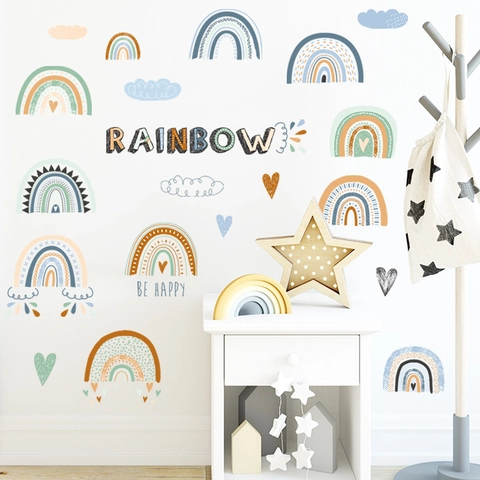 Pegatinas de Pared de Arcoíris Bohemio PVC DIY Nubes Corazones Calcomanías Para Dormitorio Infantil Decoración de Habitación