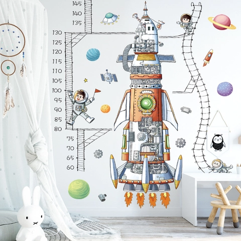 Space Astronaut Rocket Height Growth Chart Wall Sticker PVC Cartoon DIY Measurement Decal For Kids Room Kindergarten Nursery