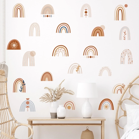 Adesivi Murali Arcobaleno Boho Toni della Terra PVC Nuvole Sole Luna Foglia Decalcomanie per Cameretta Bambini Casa