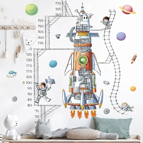 Space Astronaut Rocket Height Growth Chart Wall Sticker PVC Cartoon DIY Measurement Decal For Kids Room Kindergarten Nursery