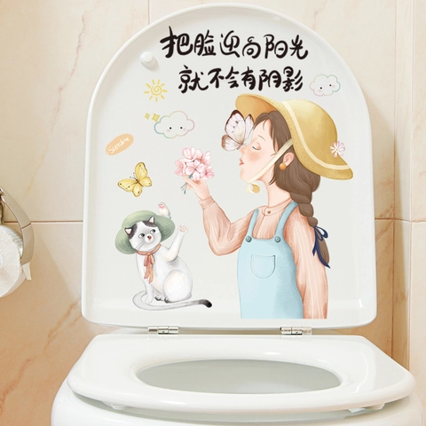 Adesivi per WC in PVC Impermeabili con Gatto e Farfalla Stile INS Citazione Ispiratrice Decalcomania da Parete per Specchio Bagno