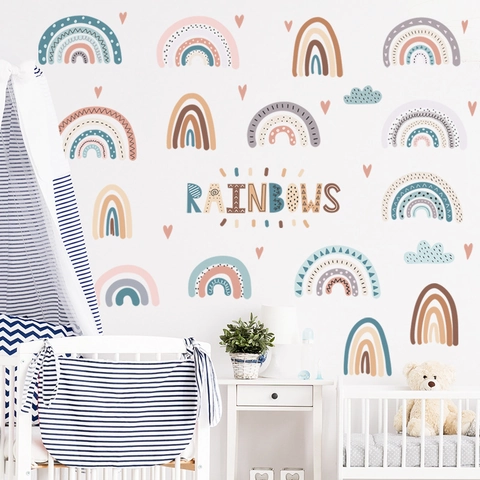 Boho Regenbogen Wandtattoo Nordisch Morandi Bunt Wolke Herz Aufkleber DIY PVC Abnehmbar Wandbild Für Kinderzimmer Deko