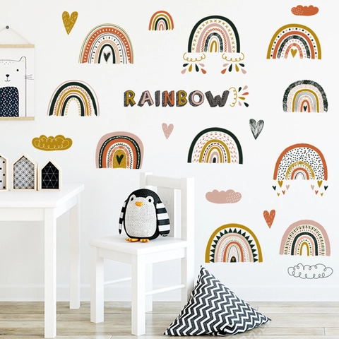 Bohemian Regenbogen Wandsticker Für Kinderzimmer Schlafzimmer DIY PVC Herz Wolke Deko Aufkleber Morandi Wetter Wandkunst Dekoration