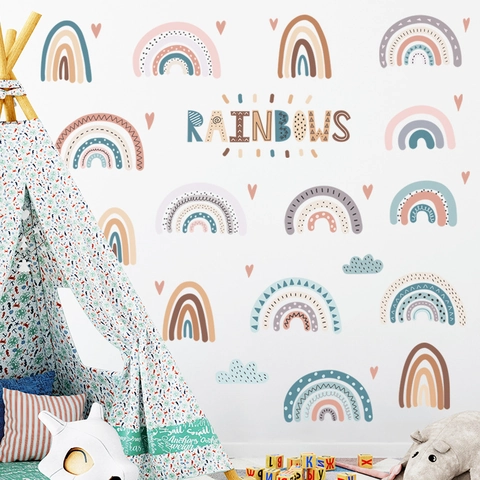 Boho Regenbogen Wandtattoo Nordisch Morandi Bunt Wolke Herz Aufkleber DIY PVC Abnehmbar Wandbild Für Kinderzimmer Deko
