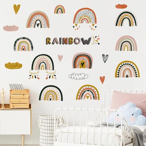 Bohemian Regenbogen Wandsticker Für Kinderzimmer Schlafzimmer DIY PVC Herz Wolke Deko Aufkleber Morandi Wetter Wandkunst Dekoration