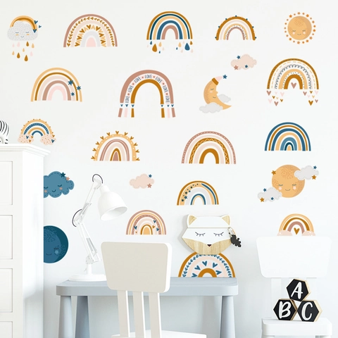 Böhmischer Regenbogen Wolke Wandaufkleber PVC Wasserdichte Kinderzimmer Wandtattoos Für Kinder Schlafzimmer Deko Sonne