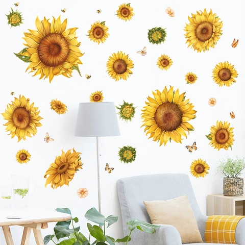 Stickers Muraux Tournesol Amovibles PVC Floraux Papillon Décalcomanies Pour Salon Chambre Cuisine Décoration Maison Auto-Adhésifs