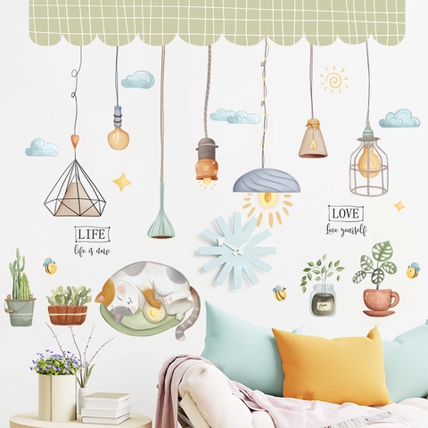 Stickers Muraux Chat Dessin Animé Nordique Lampes Plantes en Pot PVC Autocollants Pour Salon Chambre Décoration Maison