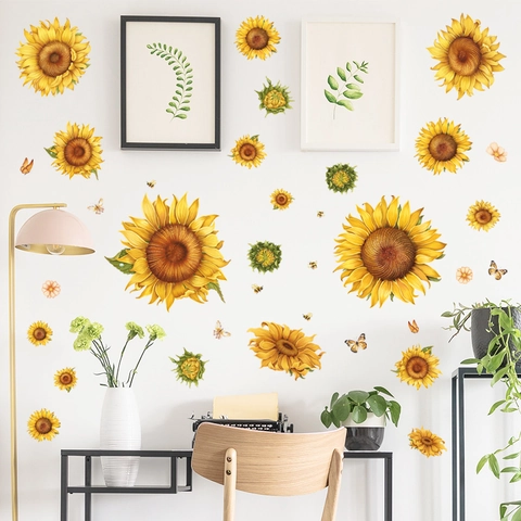 Stickers Muraux Tournesol Amovibles PVC Floraux Papillon Décalcomanies Pour Salon Chambre Cuisine Décoration Maison Auto-Adhésifs
