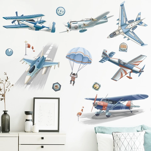 Airplane Parachute Wall Stickers For Kids Room PVC Cartoon Aviation Astronaut Wall Decals For Nursery Bedroom Decor