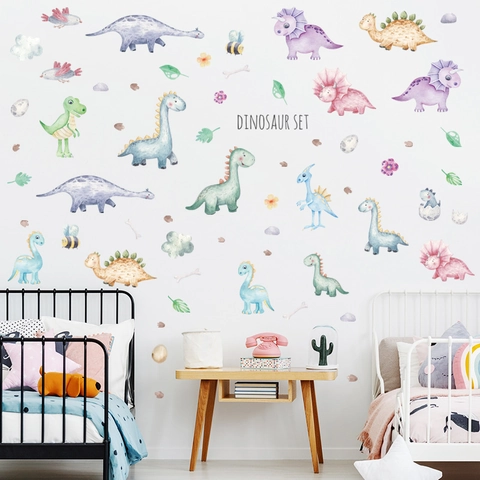 Adesivi Murali Dinosauri Cartoni Animati Acquerello PVC DIY Decalcomanie Animali per Cameretta Bambini Camera da Letto Aula