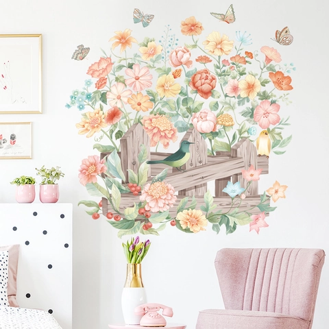 Acquerello Fiore Recinzione Uccello Farfalla Adesivo da Parete Impermeabile PVC Rimovibile Autoadesivo Murale per Camera da Letto
