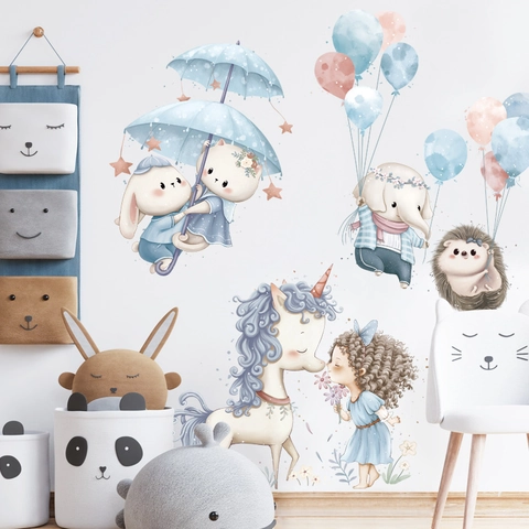 Schattige Cartoon Eenhoorn Konijn Olifant Muurstickers Voor Kinderkamer Decor Aquarel PVC Zelfklevende DIY Stickers