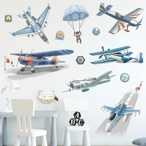 Airplane Parachute Wall Stickers For Kids Room PVC Cartoon Aviation Astronaut Wall Decals For Nursery Bedroom Decor