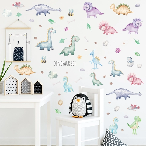 Adesivi Murali Dinosauri Cartoni Animati Acquerello PVC DIY Decalcomanie Animali per Cameretta Bambini Camera da Letto Aula