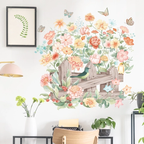 Acquerello Fiore Recinzione Uccello Farfalla Adesivo da Parete Impermeabile PVC Rimovibile Autoadesivo Murale per Camera da Letto
