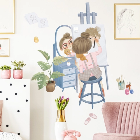 Simpatico Adesivo da Parete a Fumetti con Ragazza che Dipinge per Cameretta Bambini PVC Impermeabile Removibile Decorazione Casa