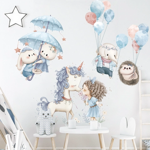 Schattige Cartoon Eenhoorn Konijn Olifant Muurstickers Voor Kinderkamer Decor Aquarel PVC Zelfklevende DIY Stickers