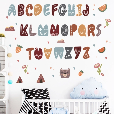 Boho ABC Alphabet Wall Stickers For Kids Nursery Room Decor Educational Cartoon Animal Fruit Letters PVC Waterproof Wall Decals